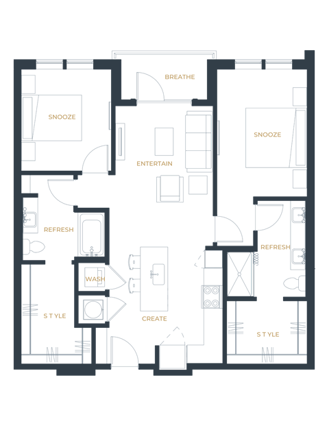 Floor plan for 2 beds, 2 baths, 1027 sqft